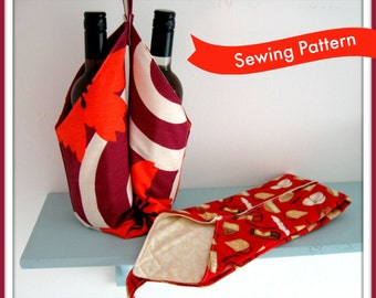 Twin Bottle Carrier Sewing Pattern by Lillyblossom. Fits wine, cordial or oil bottles. Very easy to make, suitable for beginners. Great gift