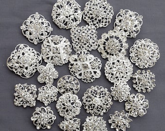 24 pcs Silver Rhinestone Brooch Crystal Brooches Wedding Invitation Cake Decoration Brooch Bouquet Kit Wholesale Lot BR679