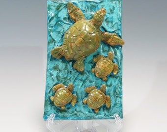 Hand Built Sea Turtle Tile Ceramic Tile Sea Turtle and Babies Sea Turtle Hatchlings Sea Turtle Ocean and Sand Sea Turtle Wall Hanging
