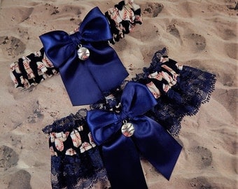 Baseball Navy Blue Satin Navy Lace Baseball Charm Wedding Garter Toss Set