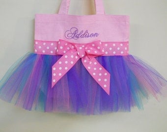 Naptime 21, ballet bag, dance bags, Pink Tote Bag with Pink, Purple and Teal Tulle, tutu ballet bag, Embroidered Tutu Tote Bag - TB190 - CS