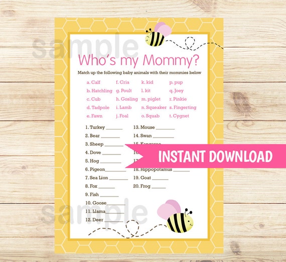 Bumble Bee Pink Wings Girl Baby Shower Who\u002639;s My Mommy Baby Animal Matching Game \/ Baby Shower 