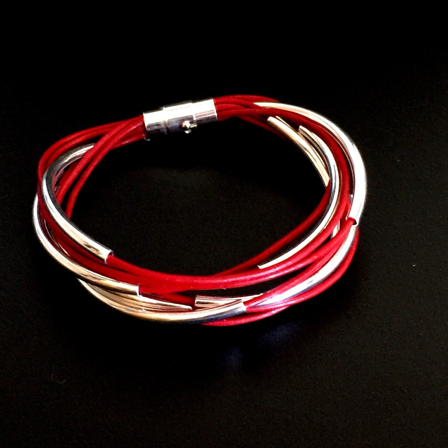 Red Leather Wrap Style Bracelet with Noodle Beads Cuff