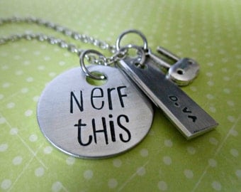 nerf this! - hand stamped overwatch d.va inspired necklace with bunny charm
