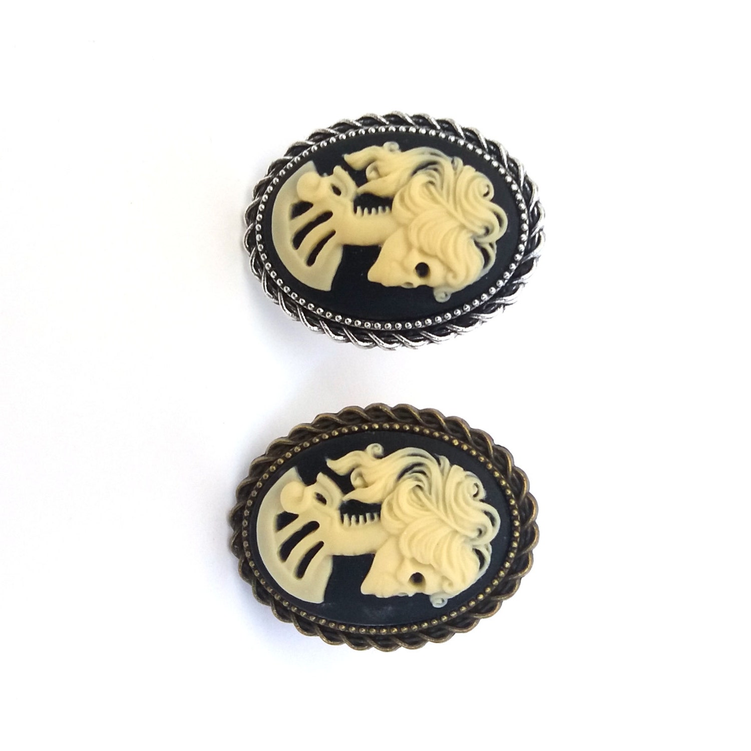 Zombie Ring in Antique Silver or Bronze Cream and Black Cameo