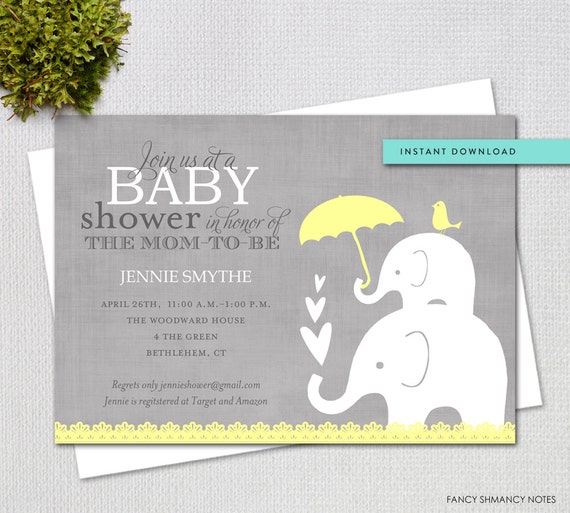 Editable Baby Shower Invitation, Yellow and Grey Elephant Gender 