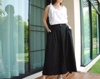 Pleated Front Flare Black Linen Mix Cotton Skirt With 2 Pockets
