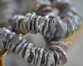 Freshwater Keshi Pearls 15mm, Center Drilled Biwa Keishi Pearl Beads, Purple Grey (PL11-13)/ Full strand /135 pearls