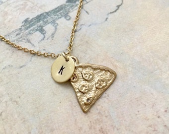 ON SALE - Pizza Necklace, Initial Necklace, Hand stamped Necklace, Best friend Gift, Handmade Jewelry