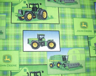 John Deere green plaid with tractors- Cotton Fabric - 15 inches wide and sold by the yard