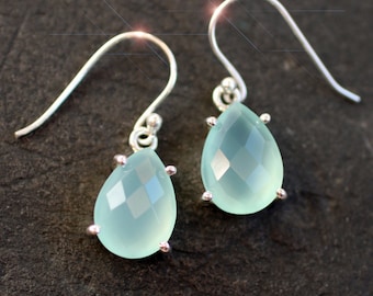 Sea Frost - Faceted Aqua Blue Chalcedony Sterling Silver Earrings