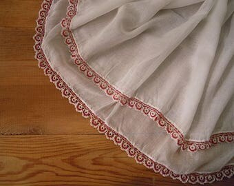 vintage white cotton scarf with red beaded trim