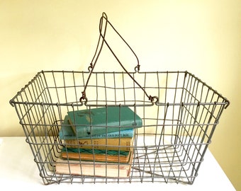 Antique Rustic Wire Basket, Rectangular Basket with Handles, Industrial, Cottage Chic