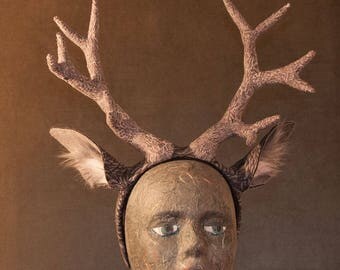 Gray Deer Headband with Antlers and Ears