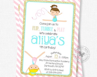 Gymnastics Birthday Invitation, Gymnastics Party Invitation, Girl Birthday Invitation, Pink and Gold Gymnastics Invitation