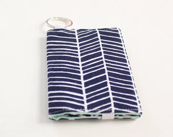 Navy Herringbone Keychain Wallet, Business Card Wallet Navy and Mint, Fabric Card Wallet - READY to SHIP