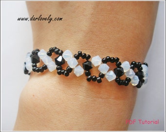 Beaded Bracelet Pattern - White Opal Black Wavy Bracelet (BB142) - Beading Jewelry PDF Tutorial (Digital Download)