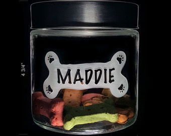 Pet TREAT JARS - Pet Name in 'BONE' Crest - Dog Treat Jar - Cat Treat Jar - Generous 25oz Custom Etched Pet Treat Jar
