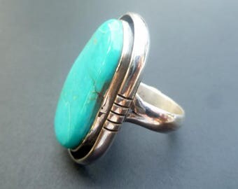 Big Blue Turquoise Statement Ring - Handmade Sterling Silver Turquoise Bohemian Style Statement Ring - Chunky Turquoise Ring - Size 10