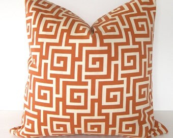 Greek Key Indoor / Outdoor Pillow Cover in Persimmon/Orange and Ivory / 16x16 inches