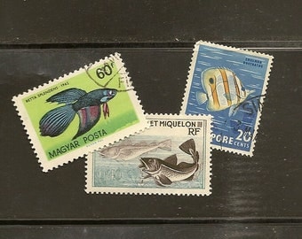 FISH on vintage used postage stamps 28 stamps - perfect for your next craft project or topical collection