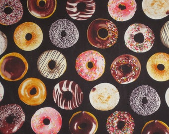 Iced Donuts on Black Print Pure Cotton Fabric--By the Yard