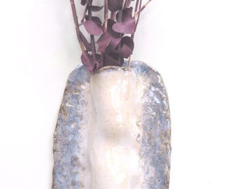 White And Blue Ceramic Wall Pocket Rustic Contemporary Clay Vessel Organic Pottery Wall Hanging Modern Abstract Wall Vase Fine Ceramic Art