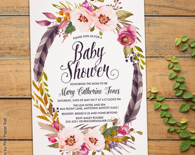 Boho Baby Shower Invitation, Boho Baby Invite, Rustic Boho Chic Bohemian Spring Summer Printable Invitation
