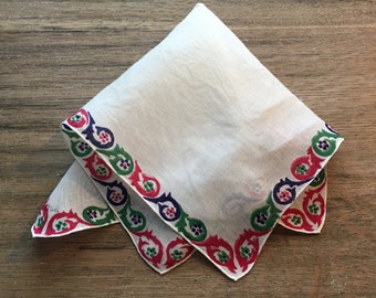 Vintage Red, Blue and Green Edged Handkerchief Hanky- handkerchief, printed hanky, red, blue and green hanky