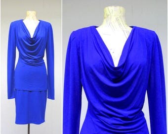 Vintage 1980s Norma Kamali Jersey Suit / 80s Cobalt Blue Soft Dressing Ensemble Cowl Top Pencil Skirt Set / Medium