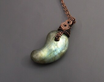 Labradorite copper necklace - gemstone rustic look jewelry with yellow green blue flash