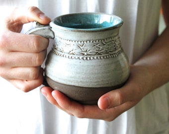 Coffee Mug, Tea Mug, handmade pottery, Farmhouse Mug, dark clay and white glaze...MADE TO ORDER
