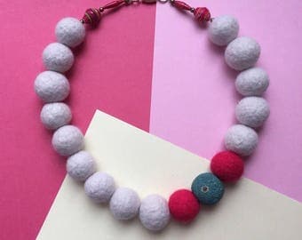 Felt necklace, grey necklace, pink felt necklace, paper bead necklace, felt ball necklace, felted necklace, chunky necklace