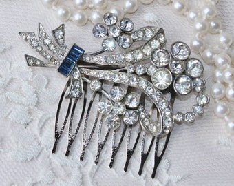 1920s Authentic Art Deco Paste Rhinestone Brooch or OOAK Bridal Hair Comb,Silver Pot Metal Crystal Clear Rhinestone,Floral Swag,Flapper Comb