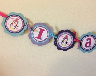 Penguin Girl High Chair Banner Purples and Teals