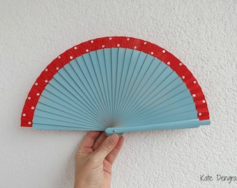 Pale Blue with Red White Polks Dot 19cm Smaller Purse Size Wooden Fabric Hand Handheld Folding Fan Flamenco by Kate Dengra Spain