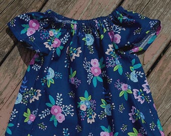 Girl's Infants Toddlers Navy and Pink Floral Peasant Dress