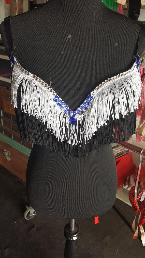 Items similar to Silver & Black Fringe Burlesque Bra with Blue ...