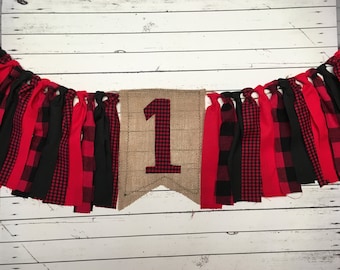 SALE Lumberjack, Woodland Party, High Chair Banner, 1st Birthday, Photo Prop, Cake Smash, Birthday Banner, Rag Tie Banner, Red Buffalo Plaid
