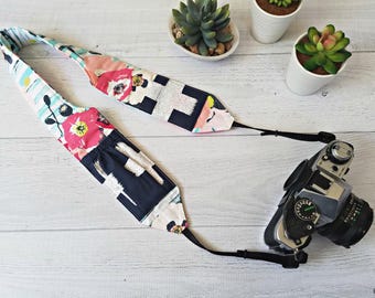 DSLR Camera Strap | Pink Floral Padded and Contoured Strap with Navy Lens Cap Pockets