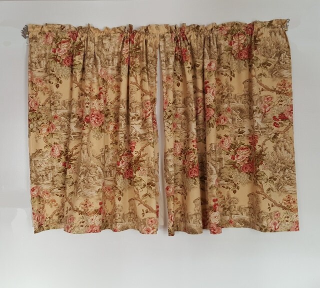 Vintage Toile Curtains Roses Floral Drapes Pink Yellow Floral