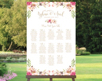 Wedding Seating Chart | By Table | Various Sizes | Bella | Antique Gold | Floral Options | I Create and You Print