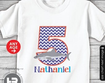 Shark Birthday Shirt or Bodysuit - Boys Personalized Birthday Shirt with child's name and age
