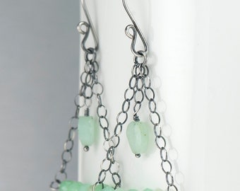 Mint Green Dangle Earrings | Chrysoprase Gemstone | Oxidized Sterling Silver Chandelier Earrings