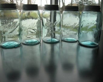 5 Vtg 1900-1910 Blue Ball Mason Quart Canning Jars Triple" L" W/ Ball Zinc Lids
