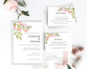 Floral Wedding Invitation Suite, Wedding Invitation Printable, Invitation Set, Wedding Invitation Rustic, PDF Letter or A4 (Item code: P173)