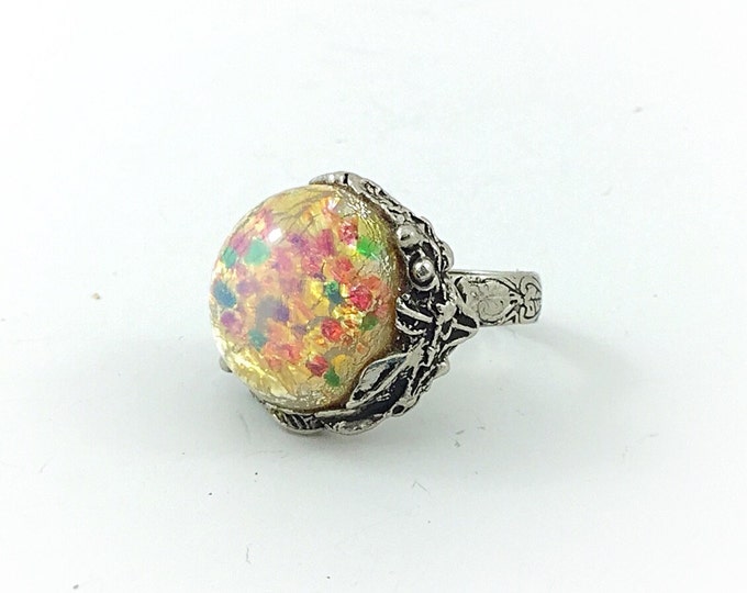 Big Vintage Ornate Faux Opal Ring. Huge Opal glass canochon, leaf silver setting. Lots of colorful light.