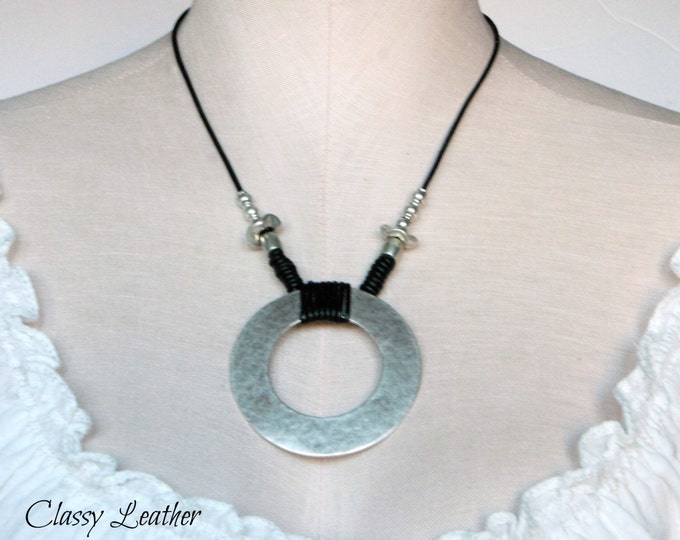 Women fashion necklace, leather and silver necklace ,circle of life leather necklace ,two in one necklace, gift for her