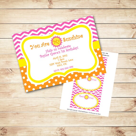 You Are My Sunshine Birthday Party Invitation - PRINTABLE Custom Invitaiton and Thank You Card - Girls Birthday Party Il_570xn
