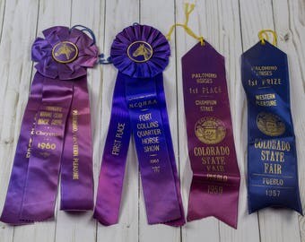 1950s 1960s Vintage Horse Show Ribbons Colorado Wyoming Equestrian Western Home Decor Purple Blue Ombre